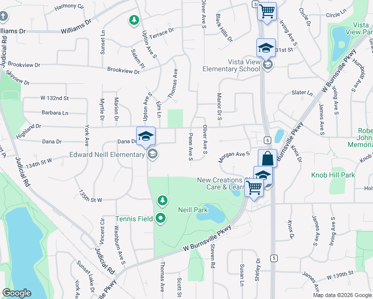 map of restaurants, bars, coffee shops, grocery stores, and more near 13412 Penn Avenue South in Burnsville