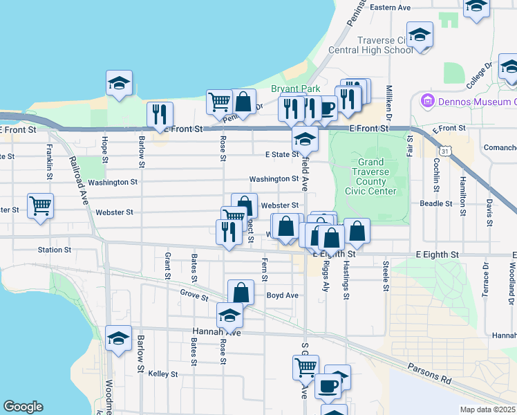map of restaurants, bars, coffee shops, grocery stores, and more near 498 Michigan Avenue in Traverse City