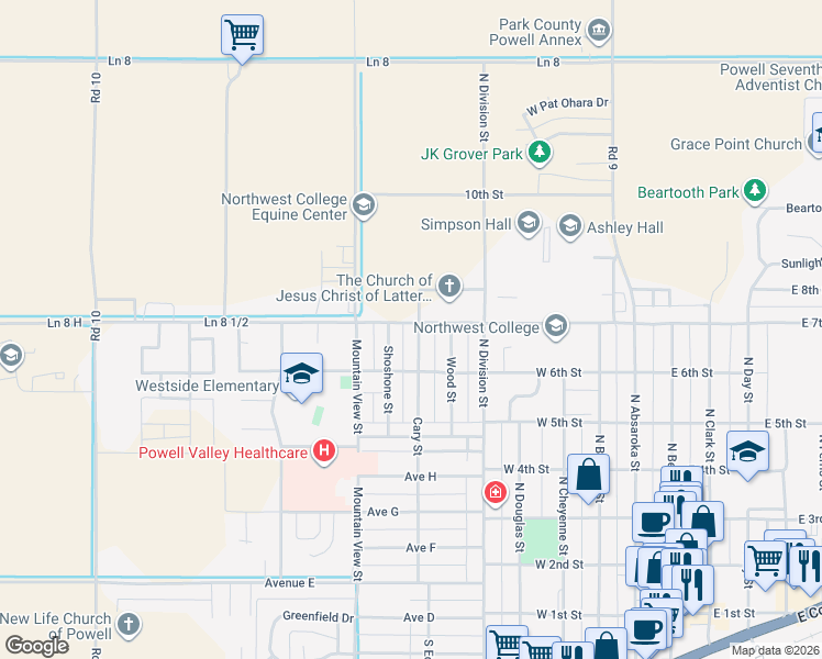 map of restaurants, bars, coffee shops, grocery stores, and more near 619 Shoshone Street in Powell