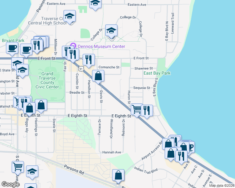 map of restaurants, bars, coffee shops, grocery stores, and more near 429 Munson Avenue in Traverse City