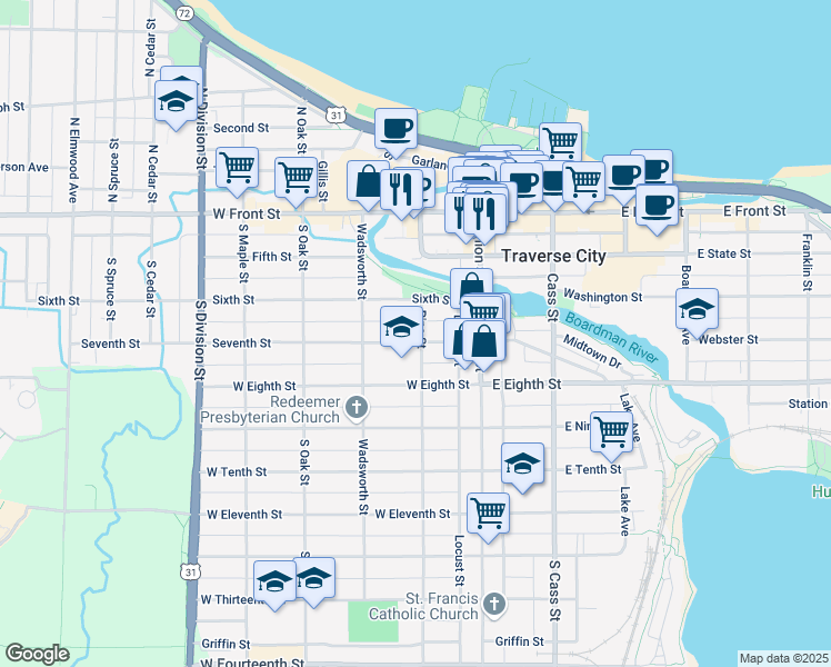 map of restaurants, bars, coffee shops, grocery stores, and more near 324 Pine Street in Traverse City