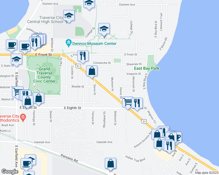 map of restaurants, bars, coffee shops, grocery stores, and more near 427 Munson Avenue in Traverse City
