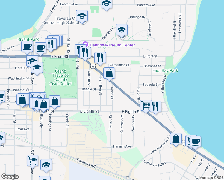 map of restaurants, bars, coffee shops, grocery stores, and more near 400 Davis Street in Traverse City