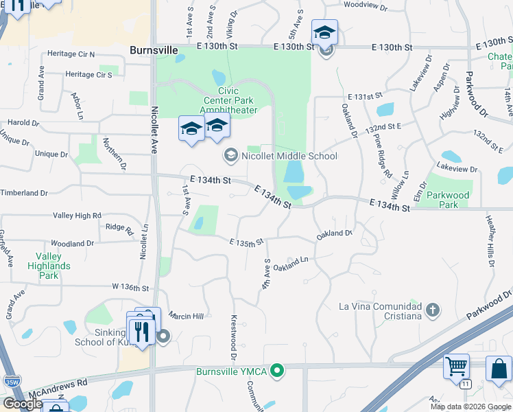 map of restaurants, bars, coffee shops, grocery stores, and more near 225 Burncrest Court in Burnsville