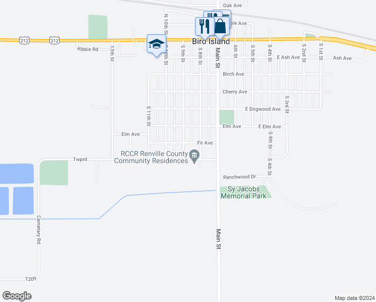 map of restaurants, bars, coffee shops, grocery stores, and more near 651 South 9th Street in Bird Island