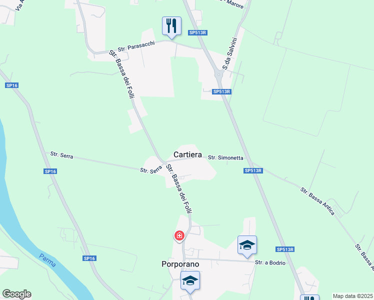 map of restaurants, bars, coffee shops, grocery stores, and more near 112 Strada Bassa dei Folli in Cartiera