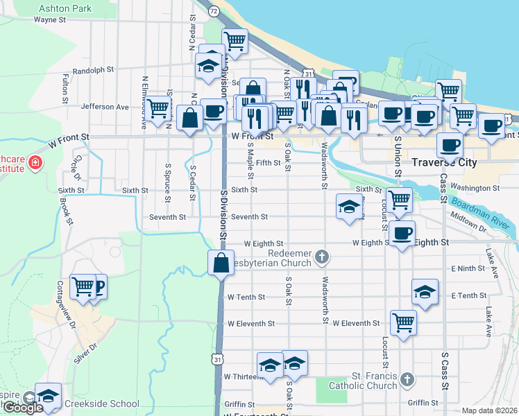 map of restaurants, bars, coffee shops, grocery stores, and more near 525 6th Street in Traverse City