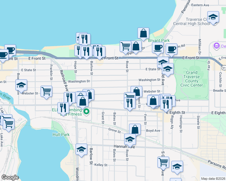 map of restaurants, bars, coffee shops, grocery stores, and more near 800-898 Washington Street in Traverse City