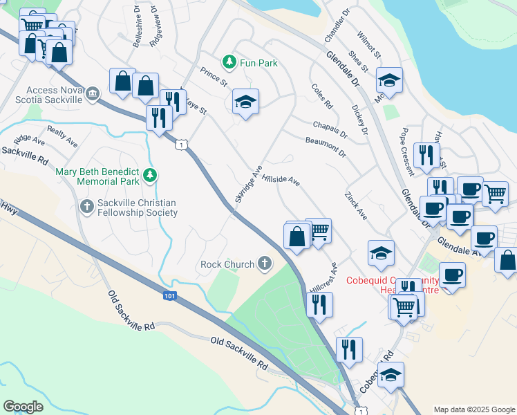 map of restaurants, bars, coffee shops, grocery stores, and more near 275 Sackville Drive in Lower Sackville
