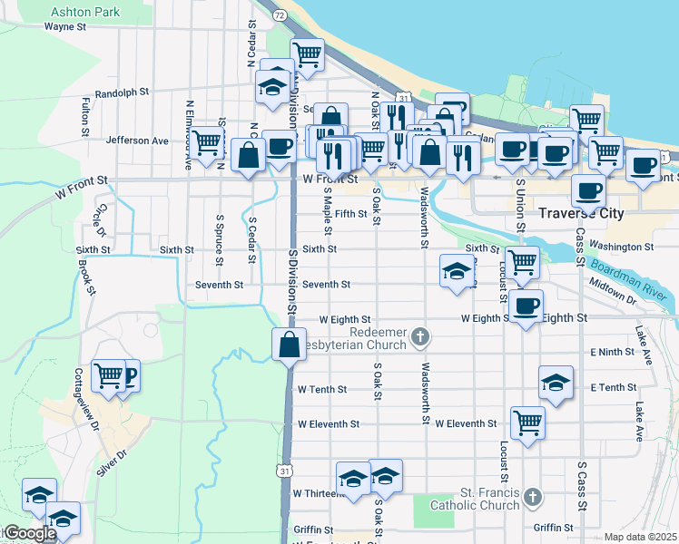 map of restaurants, bars, coffee shops, grocery stores, and more near 525 6th Street in Traverse City
