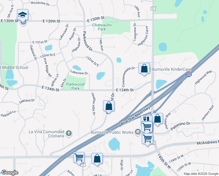 map of restaurants, bars, coffee shops, grocery stores, and more near 13312 Parkwood Drive in Burnsville