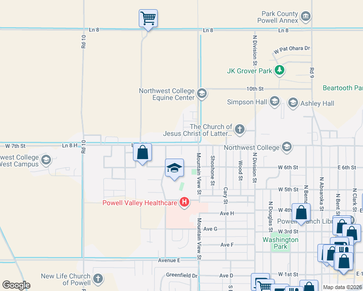 map of restaurants, bars, coffee shops, grocery stores, and more near 578 Ln 8 1/2 in Powell