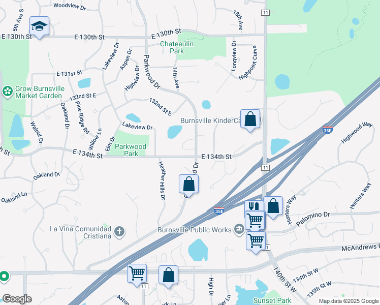 map of restaurants, bars, coffee shops, grocery stores, and more near 13312 Parkwood Drive in Burnsville