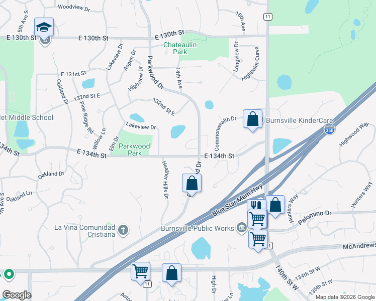 map of restaurants, bars, coffee shops, grocery stores, and more near 13312 Parkwood Drive in Burnsville