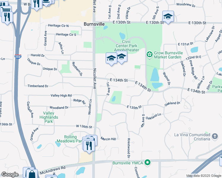 map of restaurants, bars, coffee shops, grocery stores, and more near 101 Knoll Circle East in Burnsville