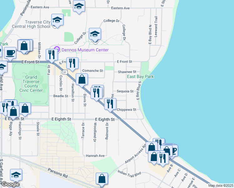 map of restaurants, bars, coffee shops, grocery stores, and more near 1911 Sequoia Street in Traverse City