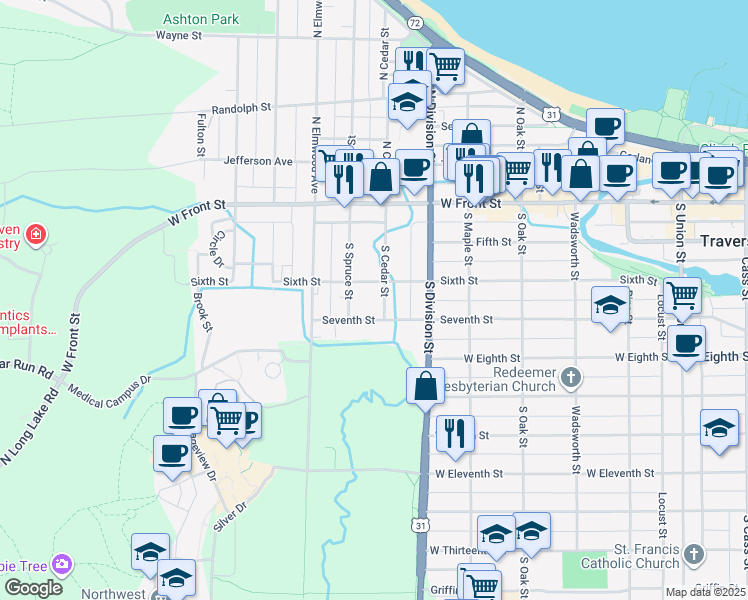 map of restaurants, bars, coffee shops, grocery stores, and more near 733 6th Street in Traverse City