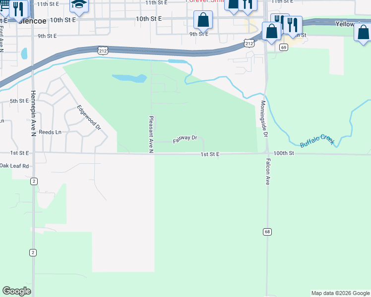 map of restaurants, bars, coffee shops, grocery stores, and more near 1801 1st Street East in Glencoe