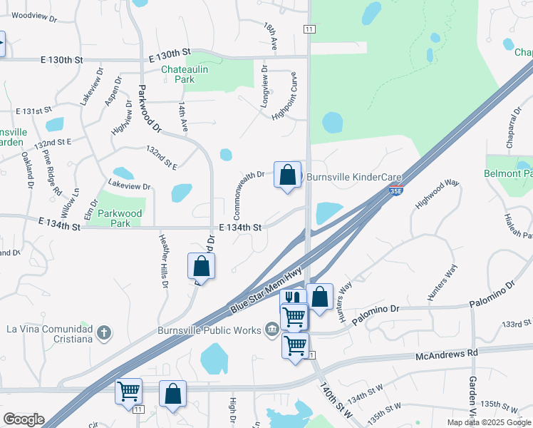 map of restaurants, bars, coffee shops, grocery stores, and more near 1880 East 134th Street in Burnsville