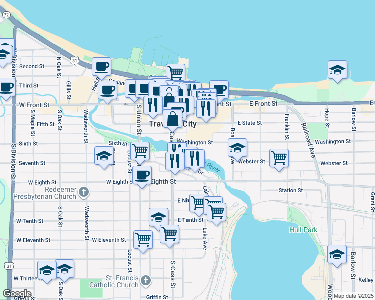map of restaurants, bars, coffee shops, grocery stores, and more near 224 Washington Street in Traverse City