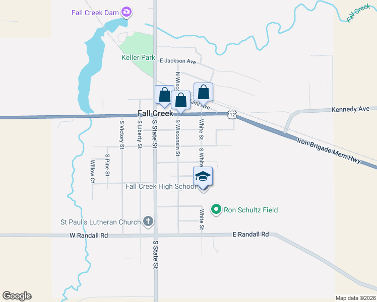 map of restaurants, bars, coffee shops, grocery stores, and more near 304 South Wisconsin Street in Fall Creek
