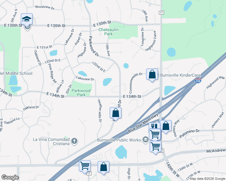 map of restaurants, bars, coffee shops, grocery stores, and more near 13312 Parkwood Drive in Burnsville