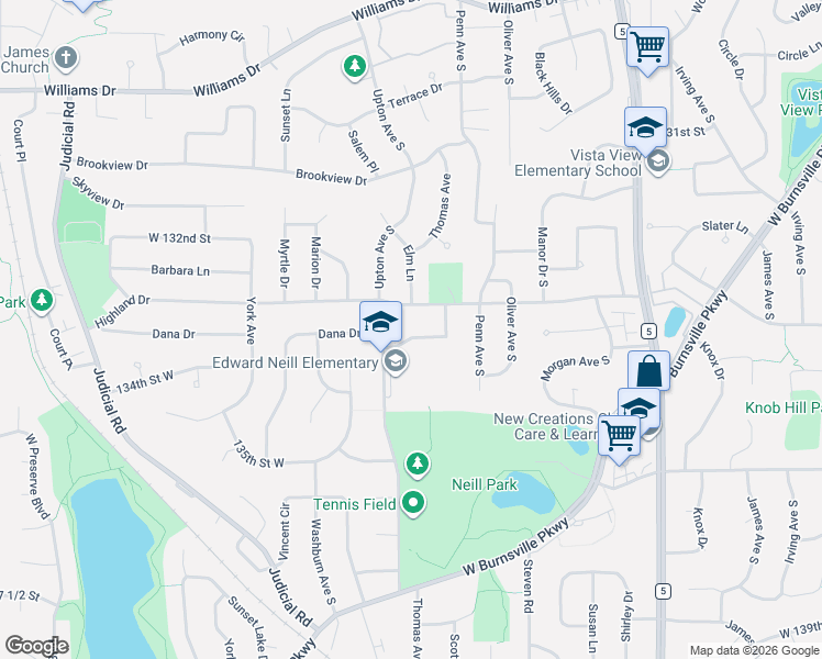 map of restaurants, bars, coffee shops, grocery stores, and more near 13305 Upton Avenue South in Burnsville
