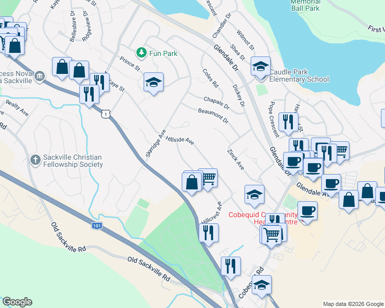 map of restaurants, bars, coffee shops, grocery stores, and more near 70 Hillside Avenue in Lower Sackville