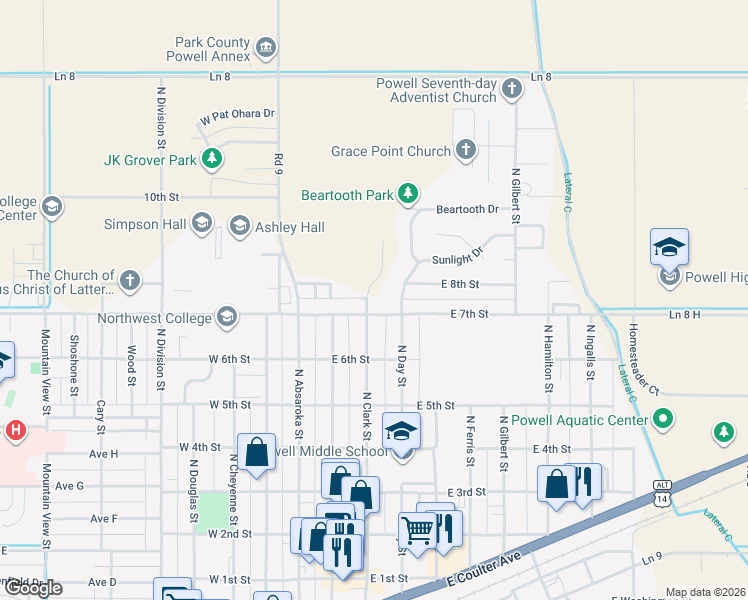 map of restaurants, bars, coffee shops, grocery stores, and more near 713 N Clark St in Powell