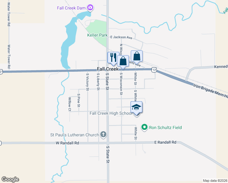 map of restaurants, bars, coffee shops, grocery stores, and more near 126 East Washington Avenue in Fall Creek