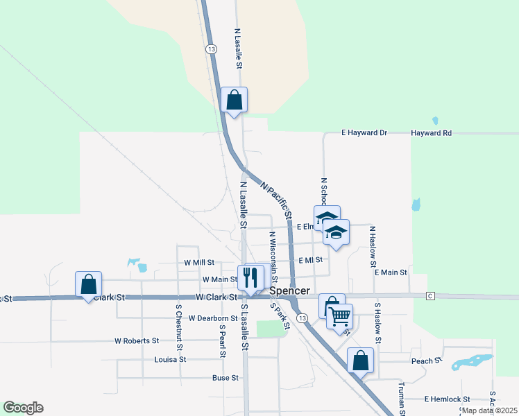 map of restaurants, bars, coffee shops, grocery stores, and more near 604 North Wisconsin Street in Spencer