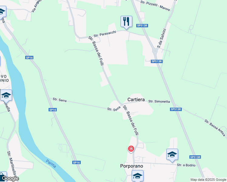 map of restaurants, bars, coffee shops, grocery stores, and more near 94-112 Strada Bassa dei Folli in Parma
