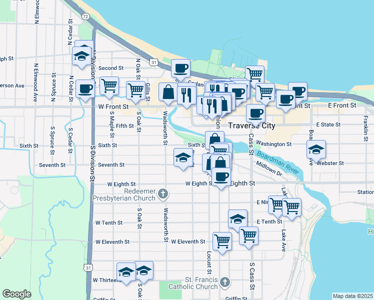 map of restaurants, bars, coffee shops, grocery stores, and more near 305 6th Street in Traverse City