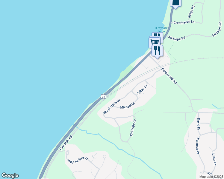 map of restaurants, bars, coffee shops, grocery stores, and more near 5110 Munson Ave in Traverse City