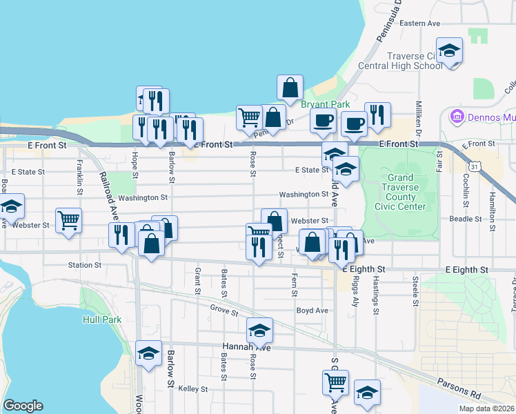 map of restaurants, bars, coffee shops, grocery stores, and more near 876 Washington Street in Traverse City