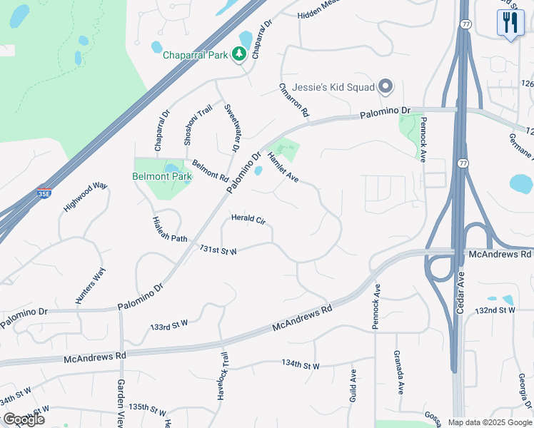 map of restaurants, bars, coffee shops, grocery stores, and more near 13033 Herald Circle in Apple Valley