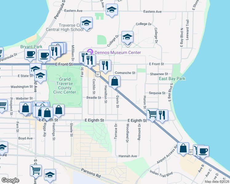 map of restaurants, bars, coffee shops, grocery stores, and more near 328 Munson Avenue in Traverse City