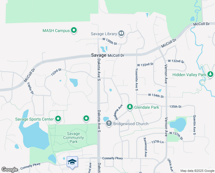 map of restaurants, bars, coffee shops, grocery stores, and more near 13320 Brunswick Avenue South in Savage