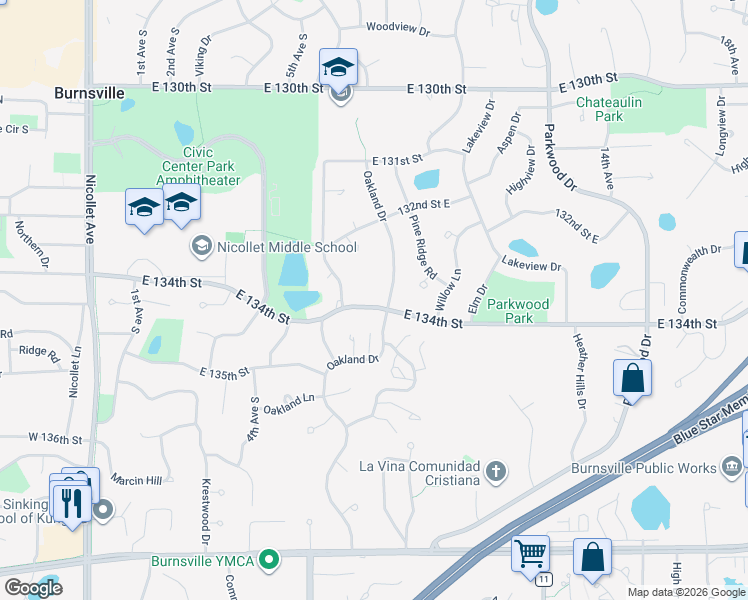 map of restaurants, bars, coffee shops, grocery stores, and more near 628 East 134th Street in Burnsville