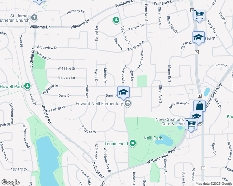 map of restaurants, bars, coffee shops, grocery stores, and more near 2708 Dana Drive in Burnsville