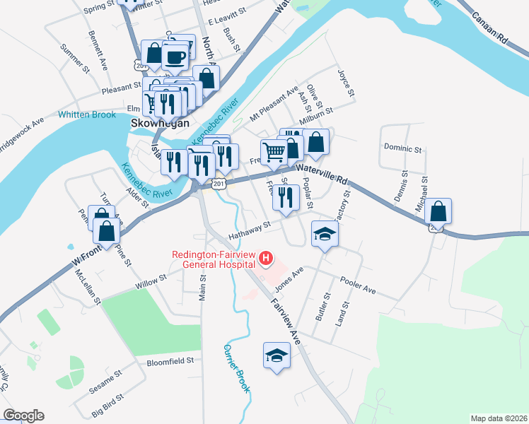 map of restaurants, bars, coffee shops, grocery stores, and more near 18 Mechanic Street in Skowhegan