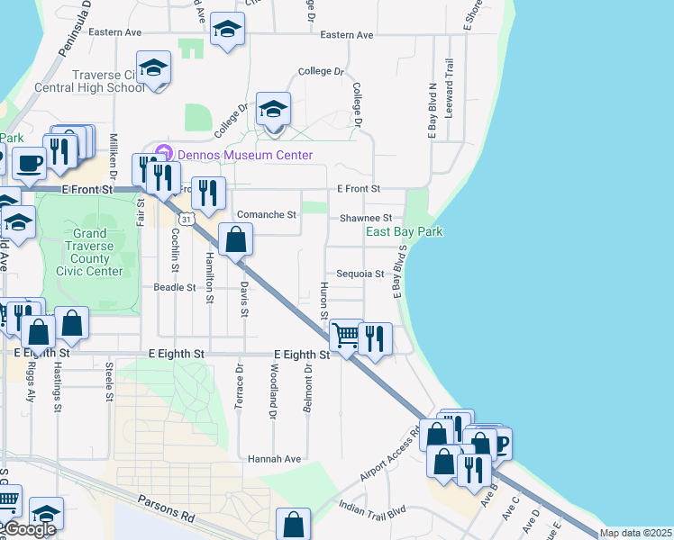 map of restaurants, bars, coffee shops, grocery stores, and more near 1911 Sequoia St in Traverse City