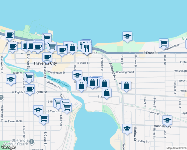 map of restaurants, bars, coffee shops, grocery stores, and more near 516 Washington Street in Traverse City