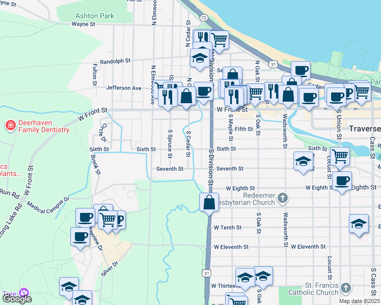 map of restaurants, bars, coffee shops, grocery stores, and more near 733 6th Street in Traverse City