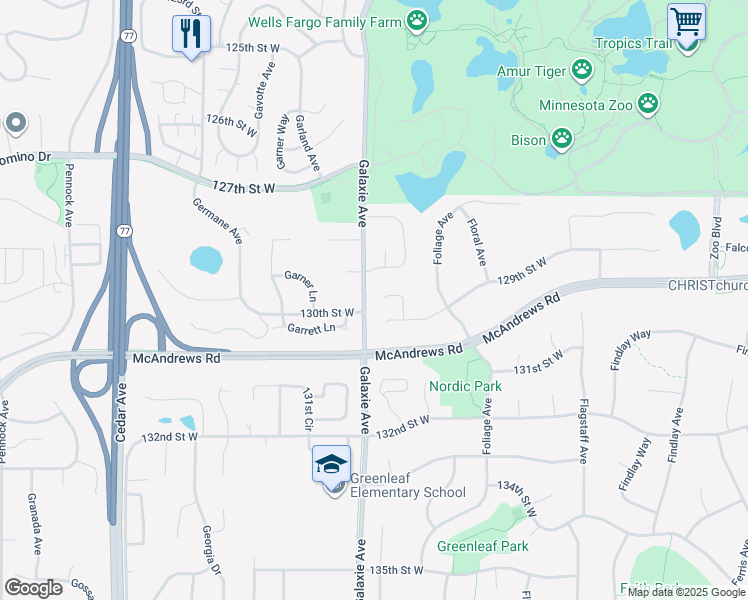 map of restaurants, bars, coffee shops, grocery stores, and more near 12885 Forest Court in Apple Valley