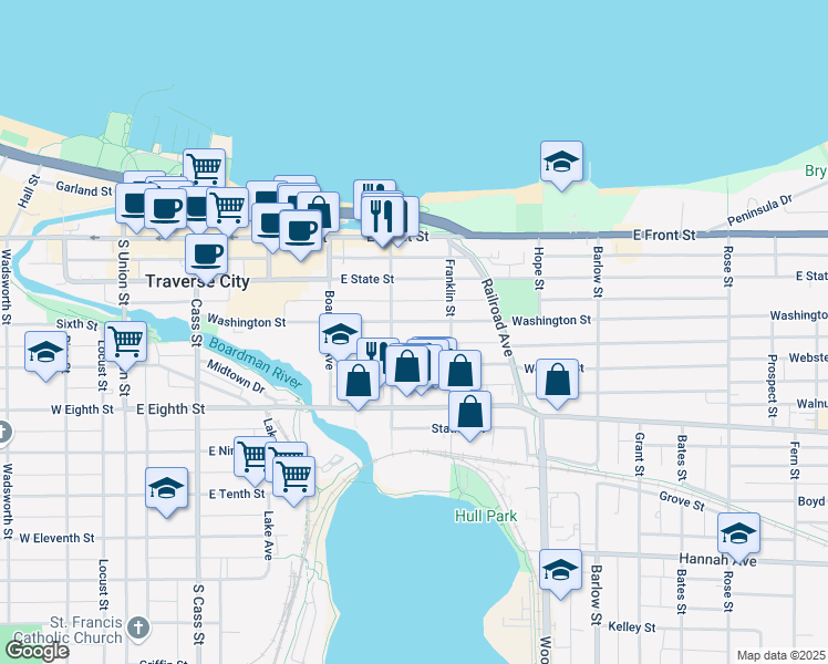 map of restaurants, bars, coffee shops, grocery stores, and more near 516 Washington Street in Traverse City