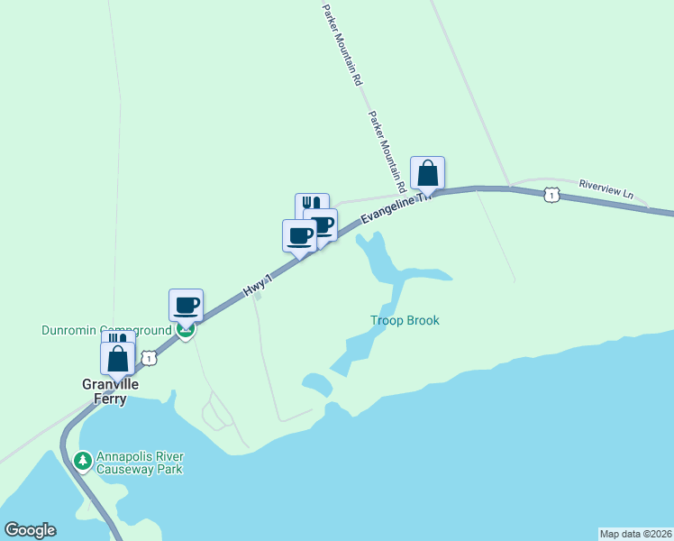 map of restaurants, bars, coffee shops, grocery stores, and more near 4730 Evangeline Trail in Granville Ferry