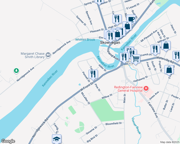 map of restaurants, bars, coffee shops, grocery stores, and more near 30 Turner Avenue in Skowhegan