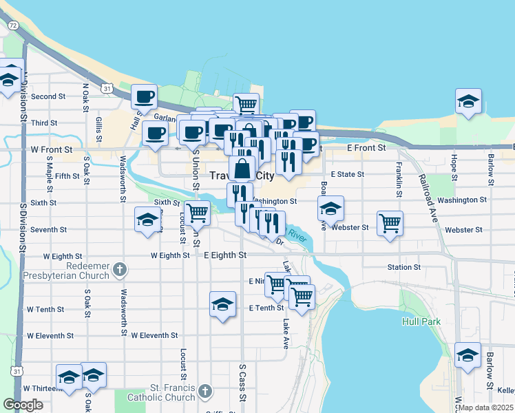 map of restaurants, bars, coffee shops, grocery stores, and more near 224 Washington Street in Traverse City