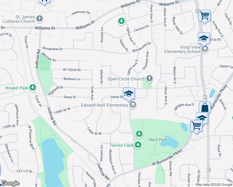 map of restaurants, bars, coffee shops, grocery stores, and more near 2708 Dana Drive in Burnsville